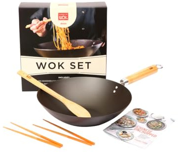 School of Wok - Coffret cadeau, wok pré-assaisonné de 30 cm, avec spatule, baguettes et livret de recettes, pour tous les types de plaques de cuisson
