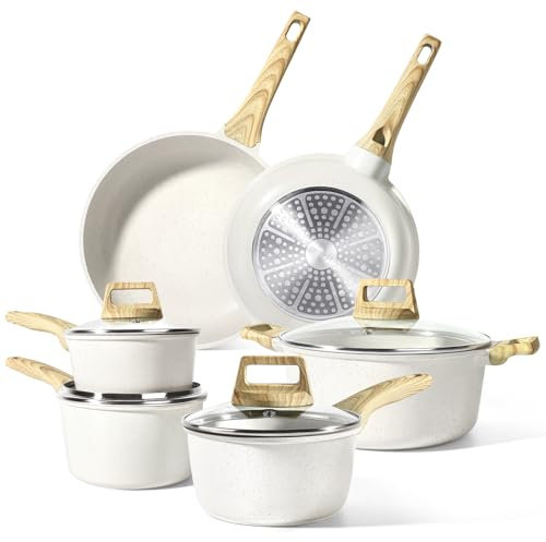 GiPP Topfset 10-Teiliges, Granit Topf und Pfannenset mit Antihaftbeschichtung, 24/28cm Pfanne + 16/18/20cm Kleiner Kochtopf + 24cm Kochtopf, Topfset Induktion Cookware Set für alle Herdarten