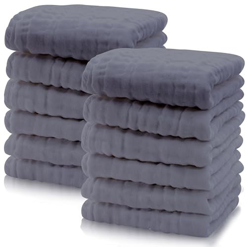 Cute Castle Baby Muslin Squares 12 Pack Large 30cm x 30cm 100% Cotton Ultra Soft Super Absorbent Bouncy Blankets Plain Boys Girls Grey