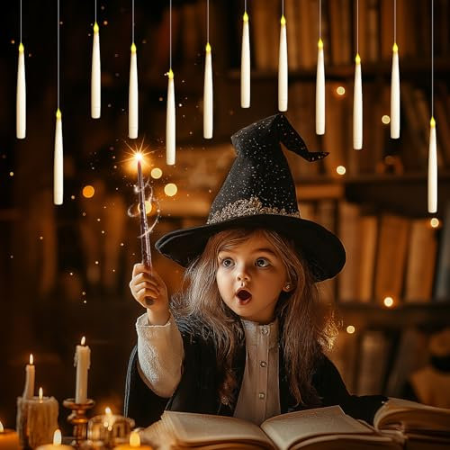 BrightArk 12 Stück Schwebende Kerzen mit Zauberstab, Warmes Licht LED Kerze mit Zauberstab fernbedienung Flammenlose Batteriebetriebene Kerze für Halloween Weihnachten Deko