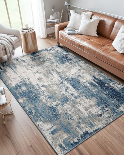 DEFYNEE Abstraktes Teppich Wohnzimmer 90x150 cm, rutschfest, Kurzflor aus Kunstwolle, waschbar, minimalistisch, Bettvorleger für Wohnzimmer, Schlafzimmer & Büro, Blaugrau