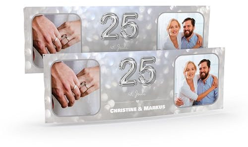 Silberhochzeit Banner selbst gestalten mit Foto und Text Silber I Hochzeitsbanner (50cm x 150cm) personalisiert für 25 Jahre Ehejubiläum I Fahne selbst gestalten