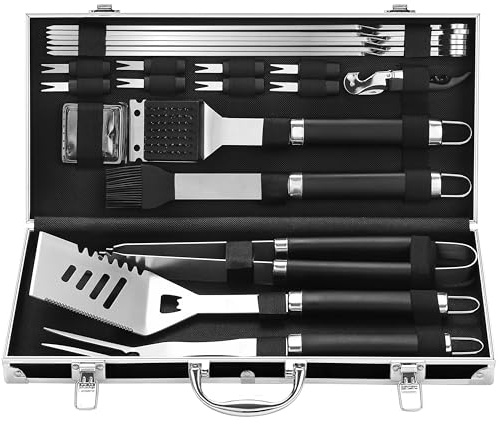 Grilljoy BBQ Accessories Grill Tools Set - 22PCS Stainless Steel Barbecue Grill Accessories for Outdoor Grill with Black Aluminum Case - Christmas Grilling Gifts for Men & Dad -Grill Tools Kit