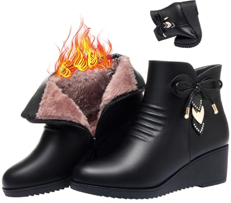 MASHANGGOU Bottes compensées orthopédiques en laine de cuir pour femme, bottes d'hiver chaudes et imperméables en cuir, bottes de neige à enfiler avec fermeture éclair, Noir , 37 EU