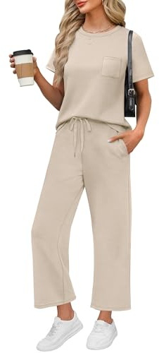 WIHOLL 2 Piece outfits Women fashion lounge wear sets for women uk Casual Summer Travel Vacation Outfits Short Sleeve Wide Pants Beige S