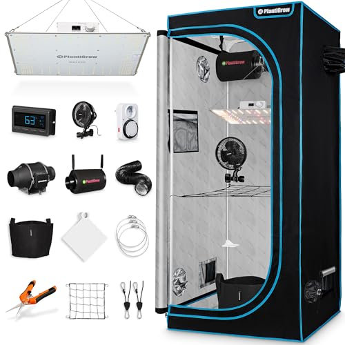 PlantiGrow Growzelt Komplettset – Professional - Indoor Gewächshaus, Vollspektrum Lampe (301H LED Dimmbar), 1680D, Carbon-Filter, Inline-Kanalventilator mit APP Funktion (80x80x180cm)