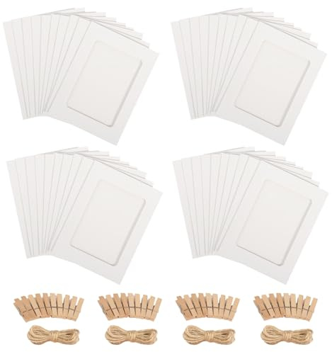 Fotogirlande 40 Stück Foto Girlande Papier Bilderrahmen 10x15 Weiß Fotorahmen mit 40 Stück Holzklammern 4 Hanfseil 6 Zoll Fotos Aufhängen für Geburtstag Hochzeit Party Wand DIY Dekoration
