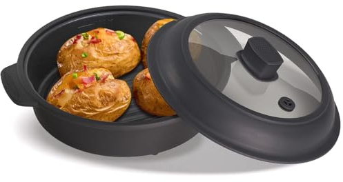 Microwave Grill Pan, Fry Griddle Crisper Pan with Lid for Grilling Browning and Crisping Foods Microwave Silicone Cookware for Baked Potato Meat Sandwich Vegetable Dark Grey