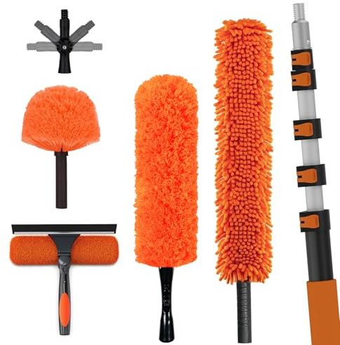 LAANPOLE Kit de Limpieza y Plumero de Gran Alcance 7,2m con Pértiga de Extensión, Herramienta para Limpiar Aspas de Ventilador de Techo, Kit de Limpieza de Cristales con Plumero