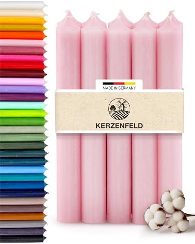 Lot de 10 bougies à tige rose - 180 mm x 22 mm - Bougies coniques colorées dans la masse - Durée de combustion de 8 heures - Fabriquées en Allemagne - Sans gouttes ni suie - Bougies de table non