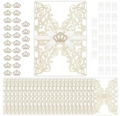 Affrolling 25 Set 5x7 Inch Wedding Invitation Gold Laser Cut Invitation Sleeves with Mini Crowns and Butterfly Ribbons Personalized Glitter Cards for Wedding Engagement Bridal Shower Party Invite