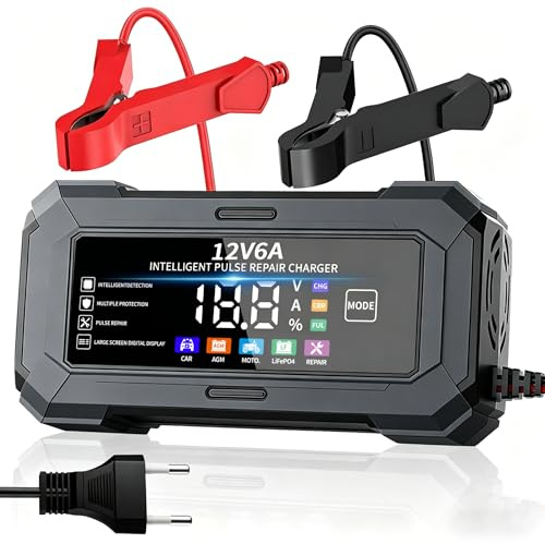 TANYO Cargador de Baterias de Coche, 12V Inteligente Cargador de Baterias Coche y Moto con Función de Reparación Automática y Pantalla LCD, 6A Cargador de Bateria para Auto, Moto, Camión, AGM, Gel
