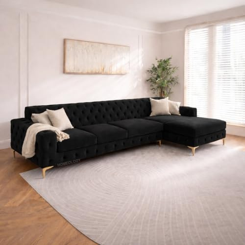 Chesterfield L Shaped Sofa Chaise | Plush Velvet Button Tufted Corner Chaise Lounge | Left/Right Hand Chaise | Sofas for Living Room with Gold Legs & Scatter Cushions (Black, Right Hand Chaise)