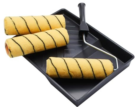 ProDec Lot de 5 articles 225 mm x 44 mm, 3 rouleaux tissés poils moyens, monture et bac pour émulsions et peintures de maçonnerie sur murs intérieurs, extérieurs et plafonds