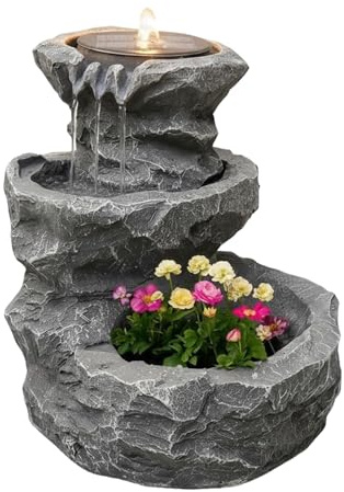 Streetwize – Solar Powered Rock Planter Water Feature with LED Light & Battery Backup, Garden Fountain for Patios, Balconies, and Outdoor Spaces (GW282)