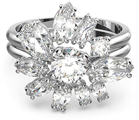 Swarovski Gema Anello Cocktail Fiore, con ZirconiaSwarovski a Taglio Misto e Doppia Fascia, Placcato in Tonalità Rodio, Taglia 55, Bianco