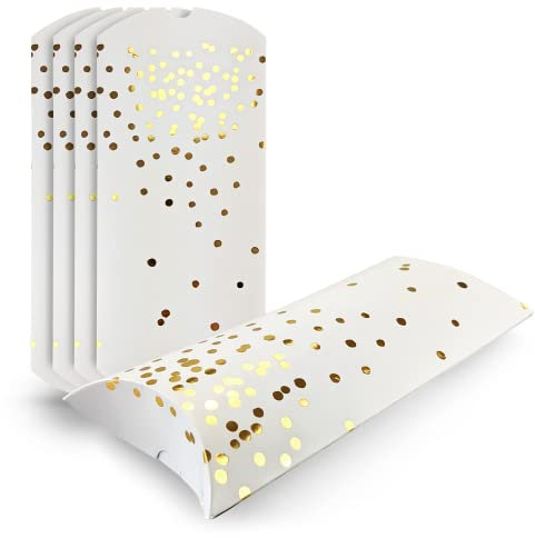 Netuno 5 x Geschenkbox Karton Weiß mit goldenen Punkten 10x21 cm Faltschachtel Geschenkverpackung Box klein Geschenkschachtel für Party Süßigkeiten Schmuck Hochzeit Taufe Geschenke Kissenschachtel