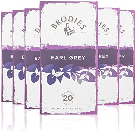 Brodies Earl Grey Tag and Envelope - 6 Tea Boxes of 20 Tea Bags each (total 120 Tea Bags) - Delicate and scented quintessential British Tea with the citrus note of Bergamot