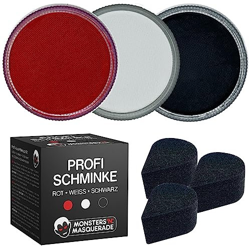 Monsters'n'Masquerade® – Profi Halloween Schminkset 3er-Set SCHWARZ + WEISS + ROT (90g) + Schwämmchen | Gesichts- & Körperschminke auf Wasserbasis | Aqua Make-Up Gesichtsfarbe Bodypaint Kinderschminke