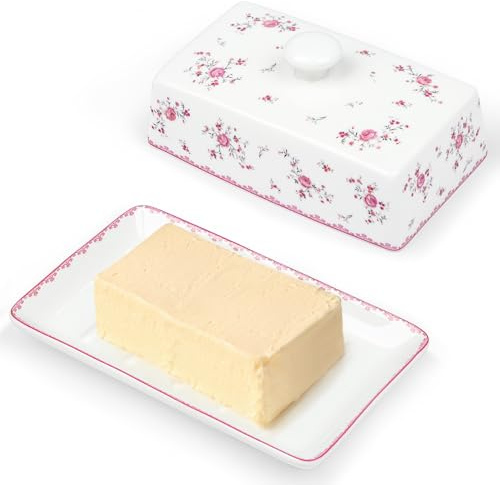 fanquare Burriera in Ceramica a Fiori Rosa con Coperchio e Manico per 250 g di Burro, Grande Burriera in Porcellana, Contenitore per Burro di Alta Qualità