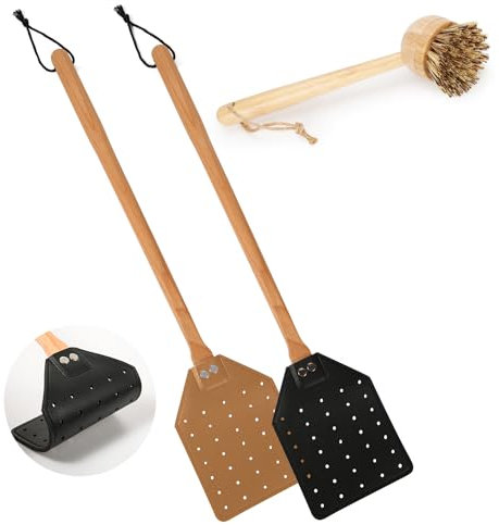 2 Pièces Tapette à Mouches en Cuir + 1 Brosse, Manuelle Robuste Tapette à Mouches avec Long Manche en Bois Creuse Tapette à Guêpes pour la Maison l'Intérieur et l'Extérieur (Brun + Noir)