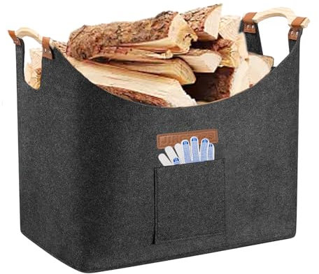 Bolsa para Guardar Leña XXL,Cestas Fieltro, Grande Bolsa para Transporte de lLeña con Mango de Madera Reforzado y Guantes,Leñero Exterior,Bolsa de Fieltro Plegable (45X32X40)