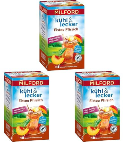 Milford kühl & lecker Eistee Pfirsich | Ohne Kalorien | Ohne Zucker | Laktosefrei | Glutenfrei | Vegan | 20 Teebeutel | 50 g (Packung mit 3)
