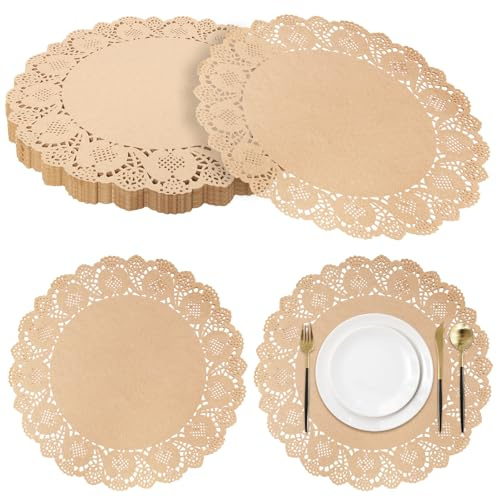 100 Pieces Round Kraft Paper Doilies 13.5 Inches Lace Papers Doilies Disposable Decorative Place Mats Table Pads for Food Cakes Crafts Party Weddings Tableware Decor