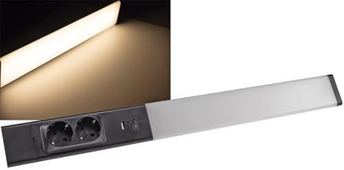 LED underskåpsljus Arusha, längd 60cm, aluminium & plast, svart hölje, med USB A+C, varmvitt ljus, separat ljusströmbrytare