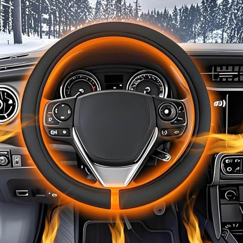 Opdestn Car Steering Wheel Heated Cover - 14.5 to 15.5 Inch, Black, Cotton, Universally Fits Passenger Cars