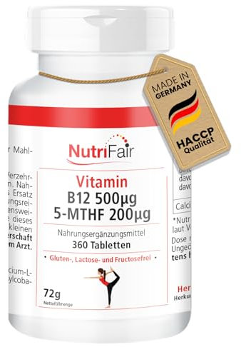 Vitamin B12 500μg 5-MTHF 200μg - 360 Tabletten - aktive Folsäure - Hochdosiert - 100% Vegan – Deutsche Produktion & Laborprüfung - NutriFair | Premium & Fair