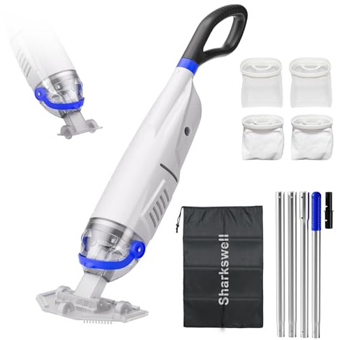Sharkswell Pool Sauger mit Akku, 2025 Upgraded Poolreiniger mit 4 Filter und Teleskopstangen (Weiß)