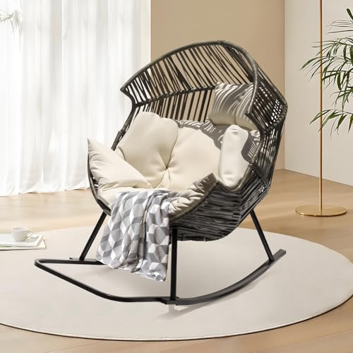 Veathzet Silla Mecedora para Exterior e Interior,Silla Tipo Huevo Extragrande de Mimbre de Polietileno con Cojín Grueso,Cómoda Silla Lounge,para Salón,Patio,Balcón,Porche,Jjardín Trasero