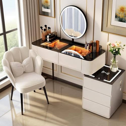 Vofikoli Tocador con iluminación, mesa de maquillaje con sonido y Bluetooth, juego de tocador con silla, mesa de cosméticos, mesa de maquillaje moderna, para niñas y mujeres (Blanco con silla, 80cm+A)