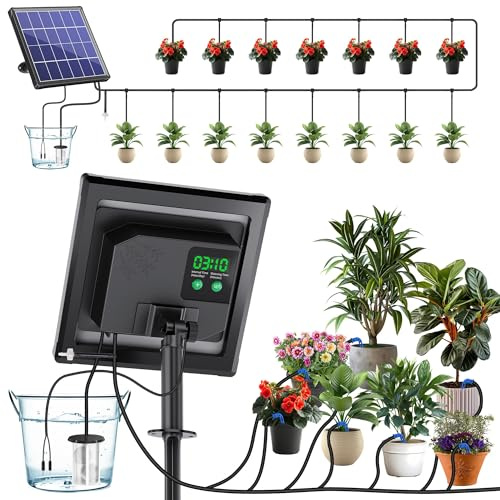 Biling Sistema di irrigazione solare, 15 m, irrigazione automatica a goccia con timer, pannello solare da 2,5 W, per 12-20 vasi, giardino, balcone, serra, irrigazione delle vacanze