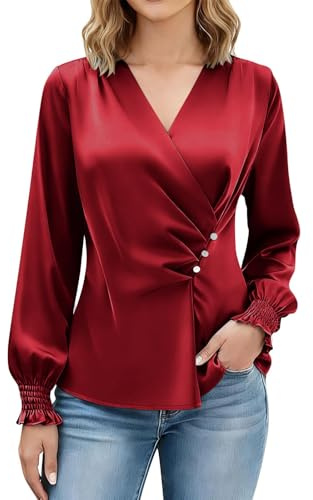 HAOLEI Satin Silk Peplum Tops for Women UK, Ladies Satin Blouses Elegant V Neck Going Out Cowl Neck Long Lantern Sleeve Pleated Shirts Work Business Casual Tunic Top Red