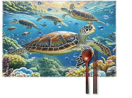 Sea Turtles Diamond Painting Placemats Set of 4 Heat Resistant Non-Slip Place Mats Farmhouse Rustic Table Mats Washable Cloth Placemat for Kitchen Dining Outdoor Party Table Decor