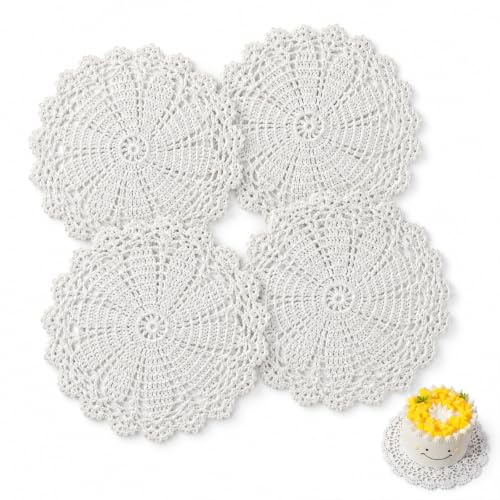 4 Pack White Round Crochet Doilies Lace Placemats for Dining Wedding Decor | Ntricate ruffled lace edge,shields furniture surfaces,suitable for home styling creative DIY craft project