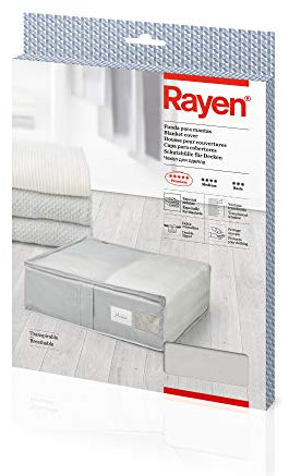 Rayen - Scatola per immagazzinaggio di Biancheria e Coperte da Letto. Sacco di Tela per Biancheria con Lampo, reticola traspirabile, piegabile e Resistente. 55 x 65 x 20 cm. Grigio Chiaro/Traslucido