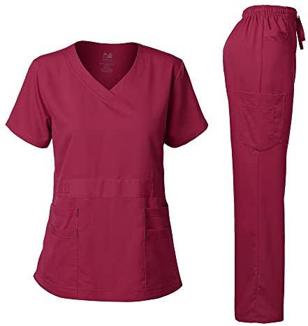Dagacci Medical Uniform® Scrubs for Women Set – Natural Stretch Ultra Soft V-Neck Top and Pants Sets for Women - 9 Pocket Burgundy XXL