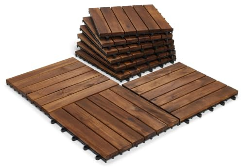 6-Slat Extra Thick Wooden Interlocking Acacia Hardwood Decking Tiles. Patio, Garden, Balcony, Hot Tub. 30cm Square Deck Tile (24x Hardwood Decking Tiles)