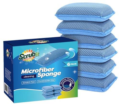 Miracle Microfiber Kitchen Sponge by Scrub-It (6 Pack) - Non-Scratch Heavy Duty Dishwashing Cleaning sponges- Machine Washable - (Blue)