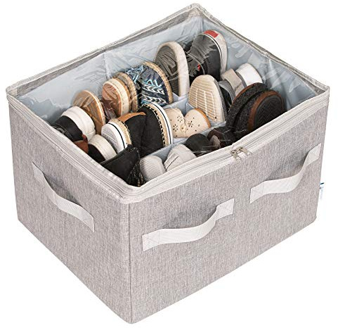 Moteph Shoe Organizer Closet Storage Solution with Clear Cover & Adjustable Dividers for Shoes, Handbags, Blankets, Linen, Clothing (Medium - 16 Pairs, Grey)