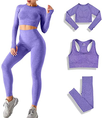 DONYKARRY 3set di Abbigliamento Sportivo da Palestra Senza Cuciture, Yoga Gym Leggings da Yoga a Vita alta e Reggiseno Sportivo e Top Sportivo, Yoga Gym Abbigliamento Sportivo