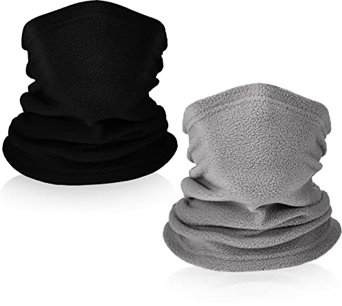 Kids Fleece Neck Warmer 2 Pcs Winter Neck Gaiter Windproof Toddler Scarf Face Cover Tube Scarf for Ski Motorcycle, Boys and Girls (Black, Gray)