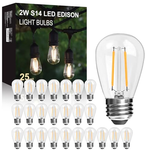 LangPlus+ 25 Pack 2W S14 LED Plastic Light Bulbs, E27 Base 2700K Warm White Shatterproof LED Edison Light Bulbs for Outdoor String Lights, Non- Dimmable 2W Equivalent to 20W Incandescent Bulb
