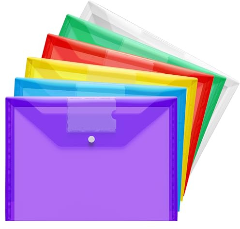 Plastic Wallets - A4 Folders for Paperwork A4 Document Files Folder Plastic Popper Wallets with Pocket, Pack of 6