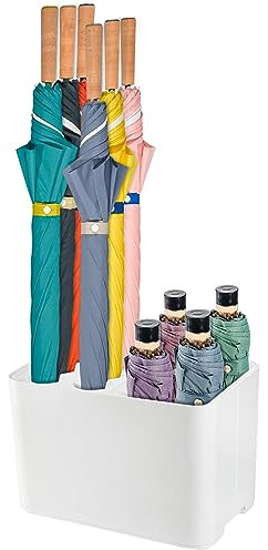 Elsjoy White Umbrella Holder, Entryway Stand With Removable Drip Tray, Small Organizer Rack for Long & Folding Umbrellas, Parasols - Stores 10