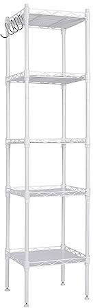 Estantería metálica blanca 5 baldas ajustables con ganchos laterales | 145x30x30cm | Estante almacenamiento resistente para cocina, despensa, baño, garaje u oficina | Montaje fácil sin tornillos