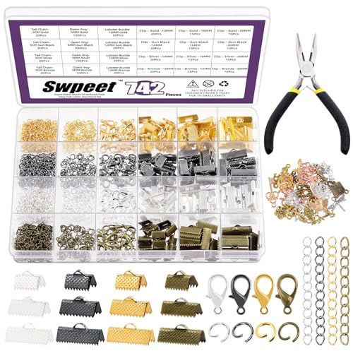 Swpeet Kit per Braccialetti a Nastro con 771 Pezzi, con Pinze, Assortimento di Strumenti, Fermagli per Segnalibri, Terminali, Chiusure a Moschettone, Anellini e Estensioni per Catenina per la
